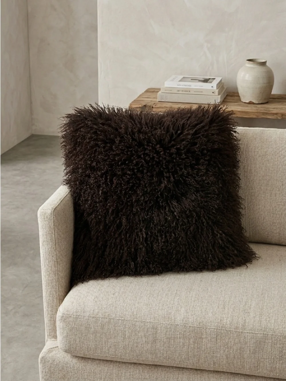 Real Mongolian Lamb Fur Throw Pillow Chocolate Brown Suede Backing 21x21